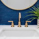 bathroom with mirror and sink in front of blue accent wall