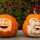 Two pumpkins with creepy faces.