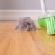 A green-bristled broom sweeping up a large dust bunny on a wood floor. 