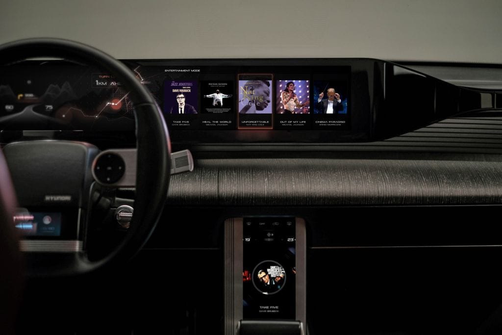 Streamlined touchscreen dash inside Hyundai's new Heritage Series Grandeur EV. 