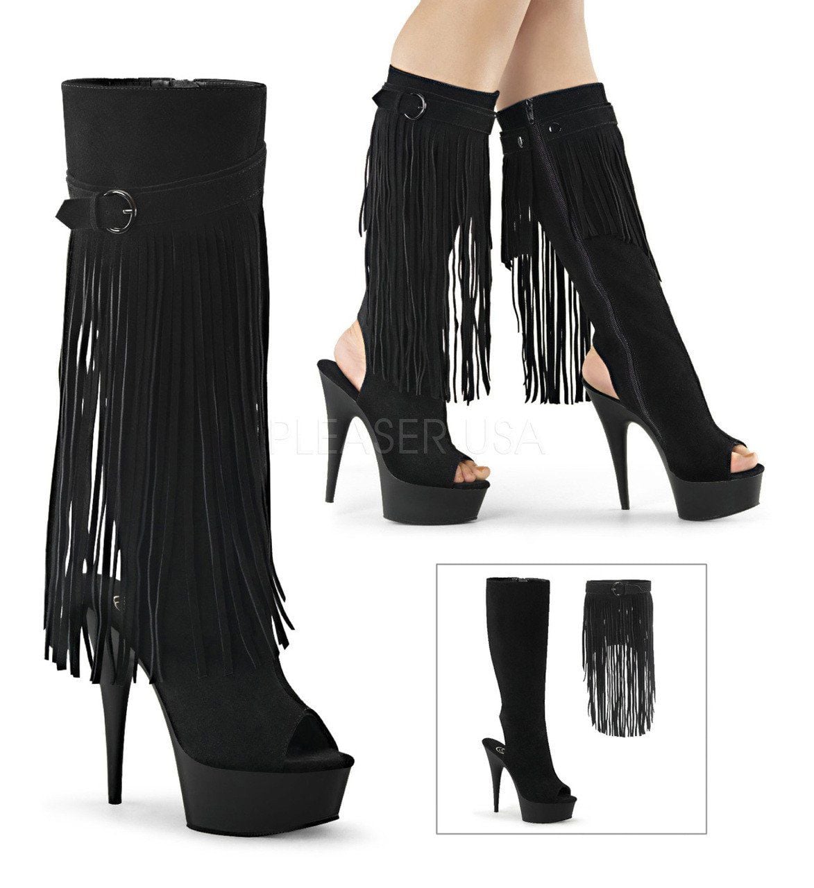 A stylish pair of fringe-covered women's boots.