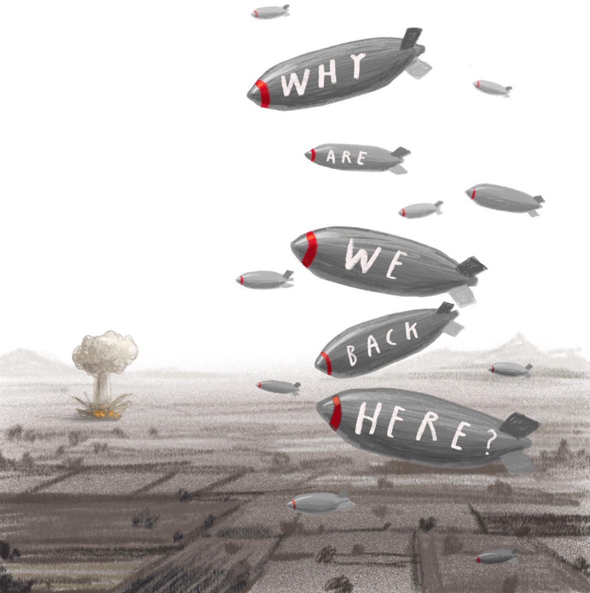 Artwork by Oliver Jeffers depicts bombs falling on Ukraine, all branded with the question 