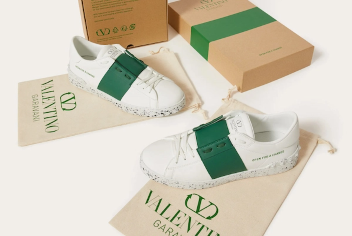 Sleek, sustainable packaging for Valentino's new plant-based sneakers, made from recycled materials.