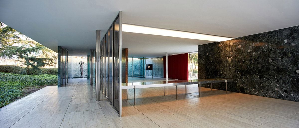 Inside the timeless Barcelona Pavilion, designed by Lilly Reich in collaboration with Ludwig Mies van der Rohe.   