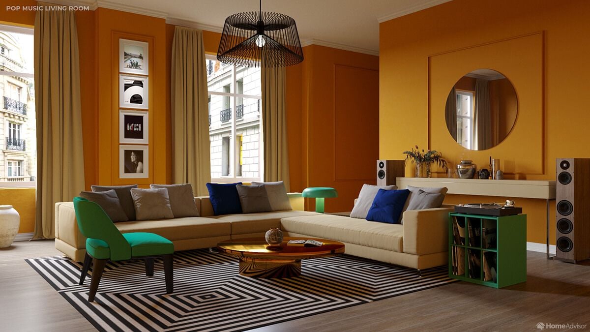 HomeAdvisor's Pop Room makes heavy use of bright shades like blue, green, and orange.