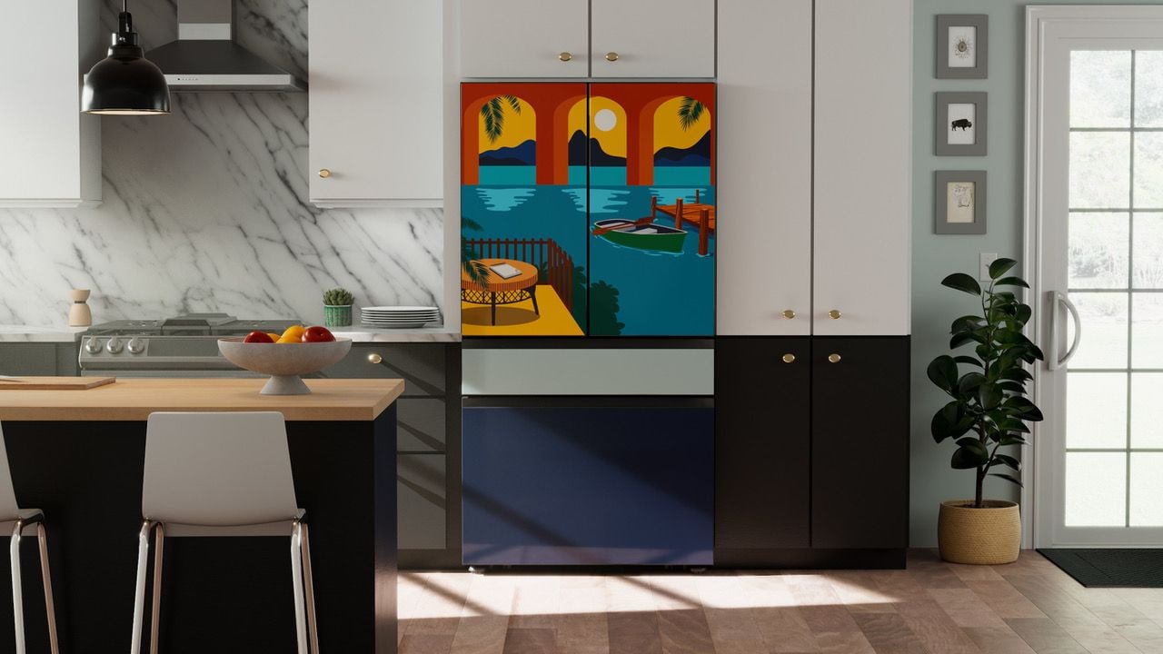Sunny beach-inspired refrigerator panels by Dominique Brown, designed for Samsung Bespoke and Lowe's collaborative line of custom fridge panels. 