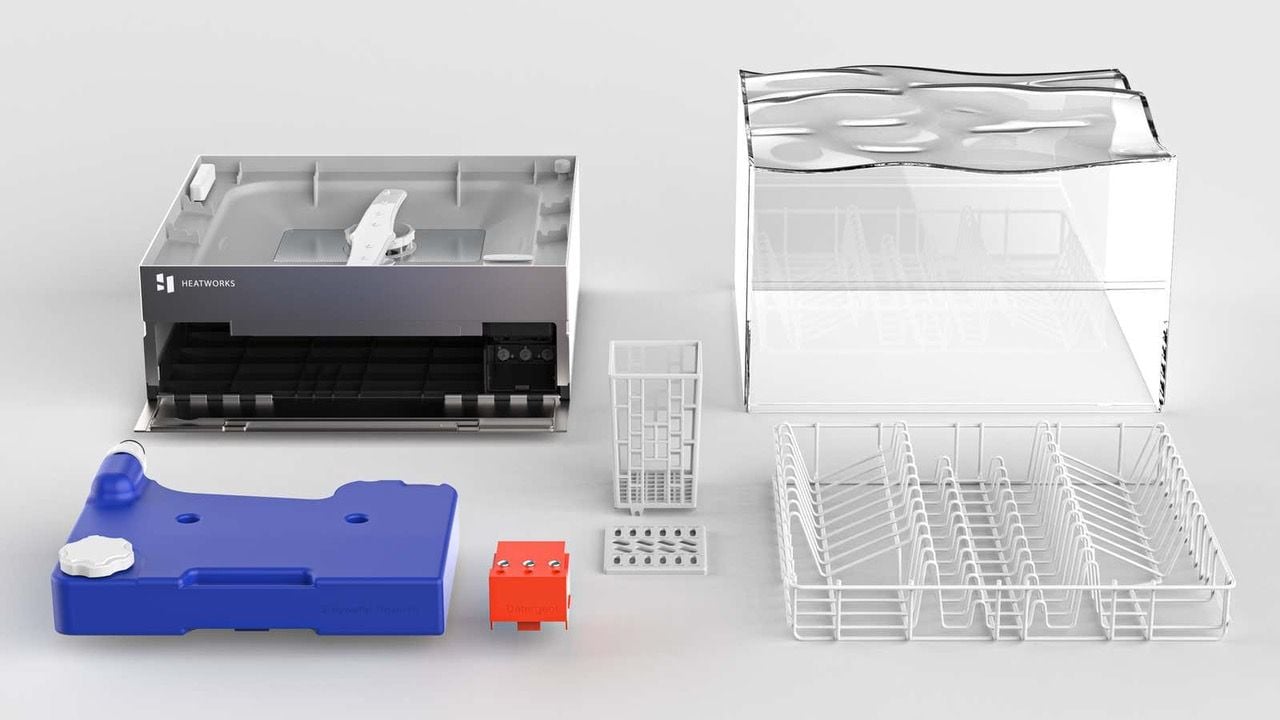 Heatworks' Tetra Countertop Dishwasher broken up into its individual components.