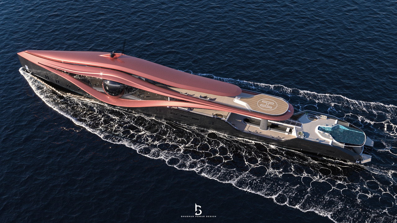 Overhead view of the ominously futuristic Zion superyacht concept.