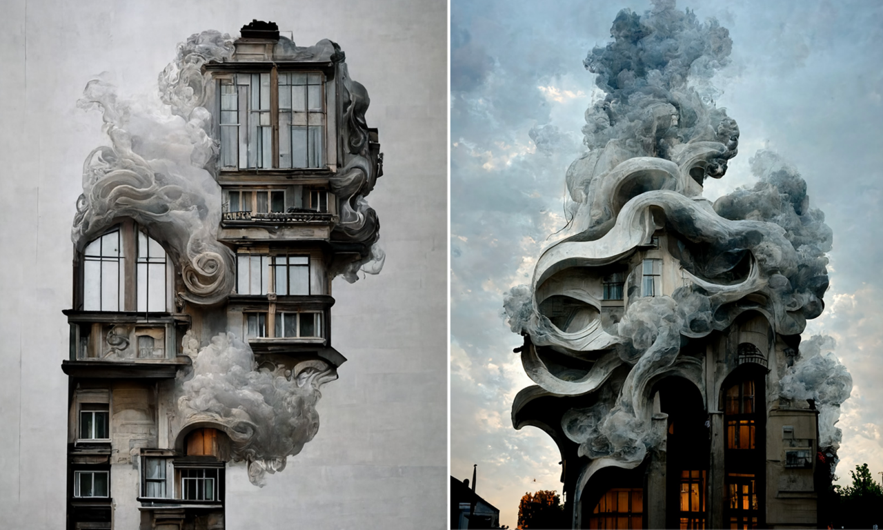 Surreal Art Nouveau buildings morphing into smoke, conceived by Hassan Ragab in collaboration with the Midjourney AI art generator. 