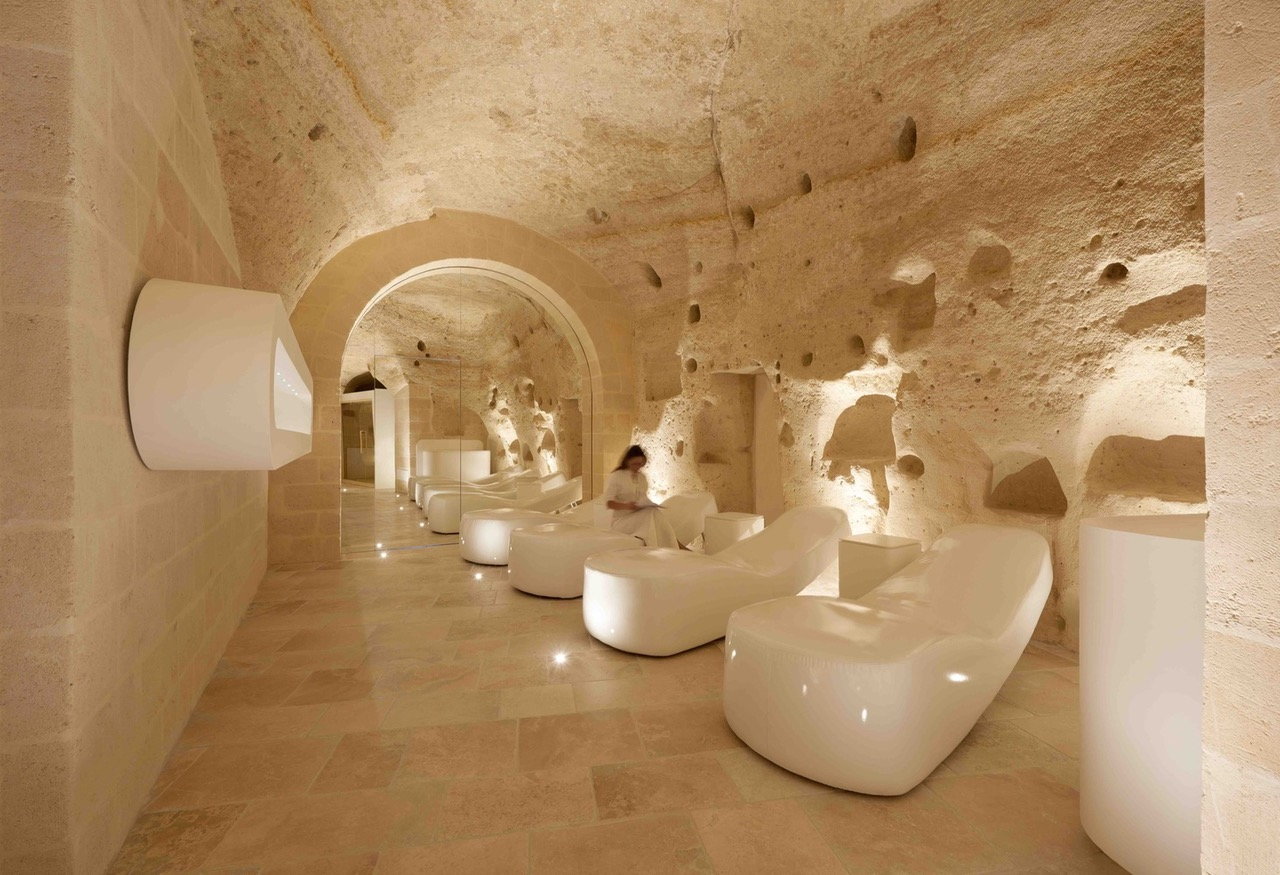 Luxurious spa area inside Italy's new Aquatio Hotel and Spa, itself built inside a series of ancient natural caves. 