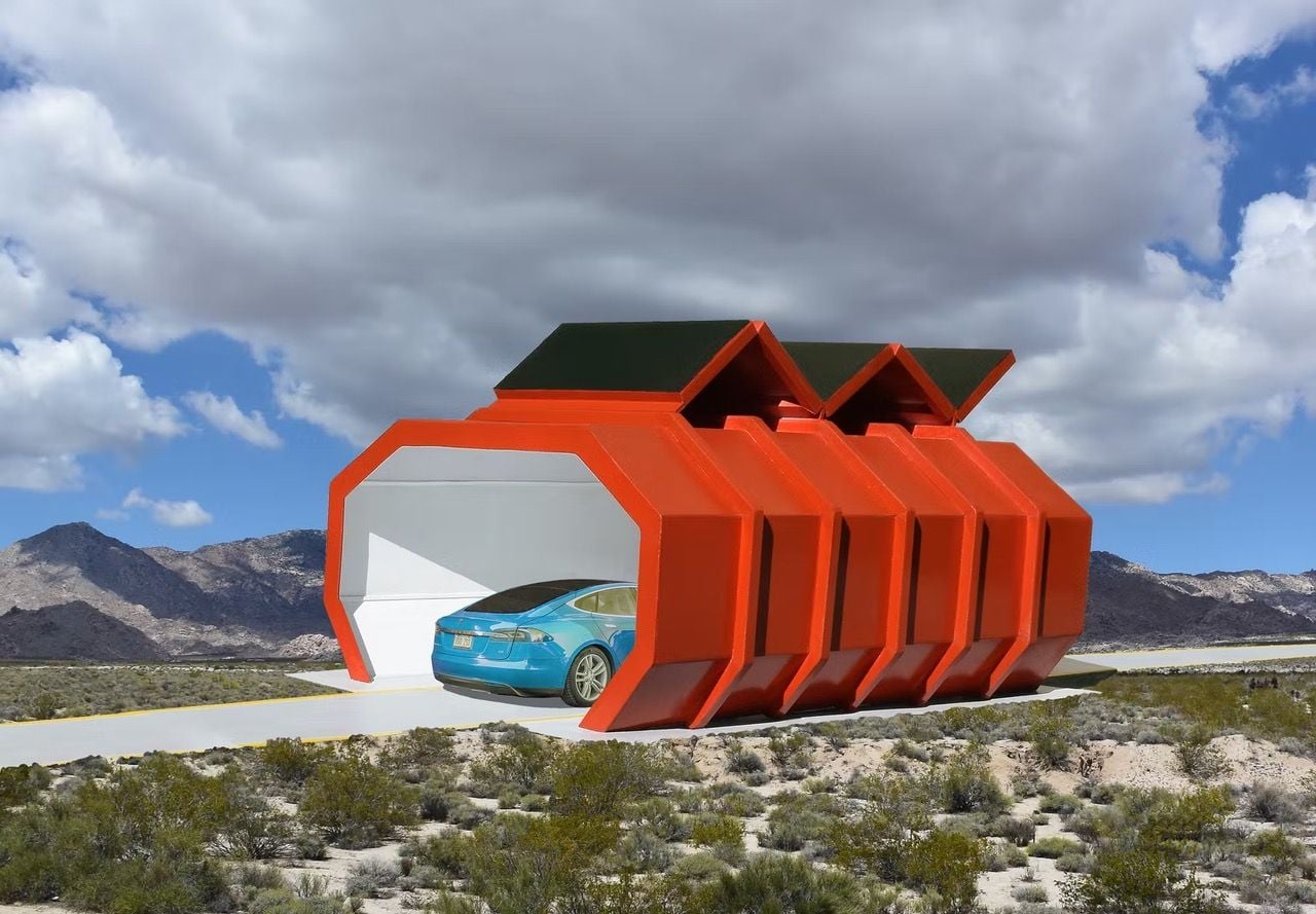 Vivid solar-powered Red Charging Station for EVs, conceptualized by Michael Jantzen.