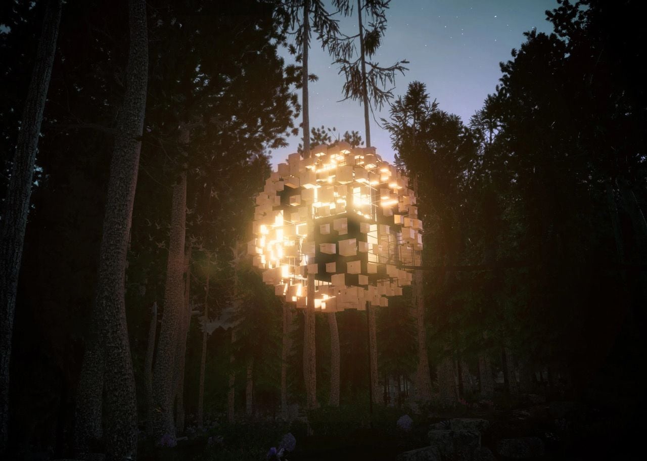 The BIG-designed Biosphere emits a cozy glow in the Swedish forests at night.