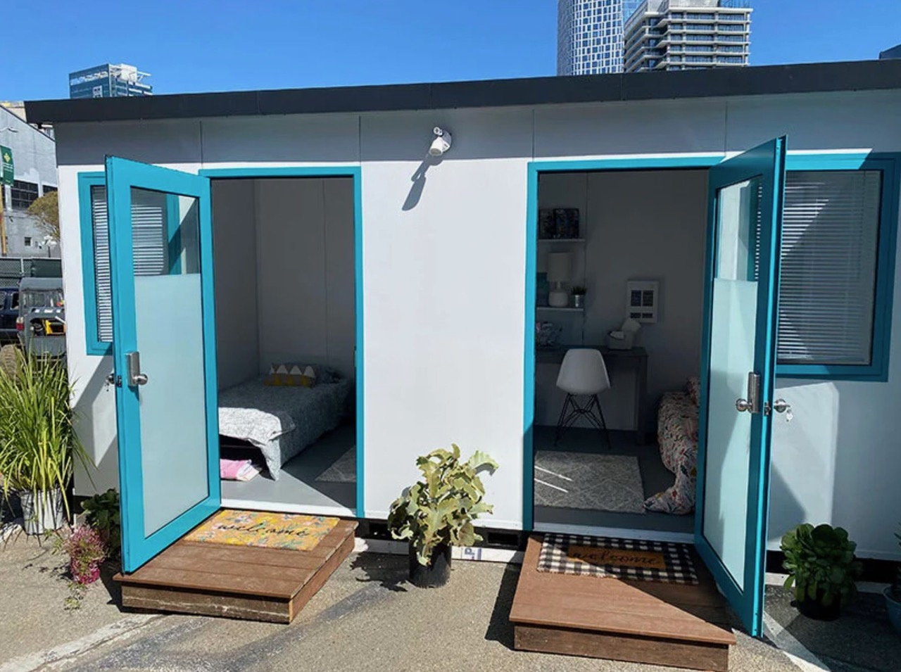 View into the cozy rooms at DignityMoves' new San Francisco tiny home community for the homeless.