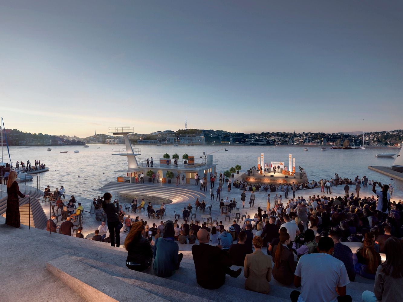 Lively sunset social gathering takes place on the steps on the Snøhetta-revamped Knubben Harbor Bath.