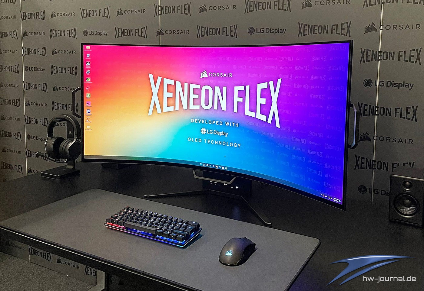 Full view of the immersive Corsair Xeneon Flex gaming monitor.