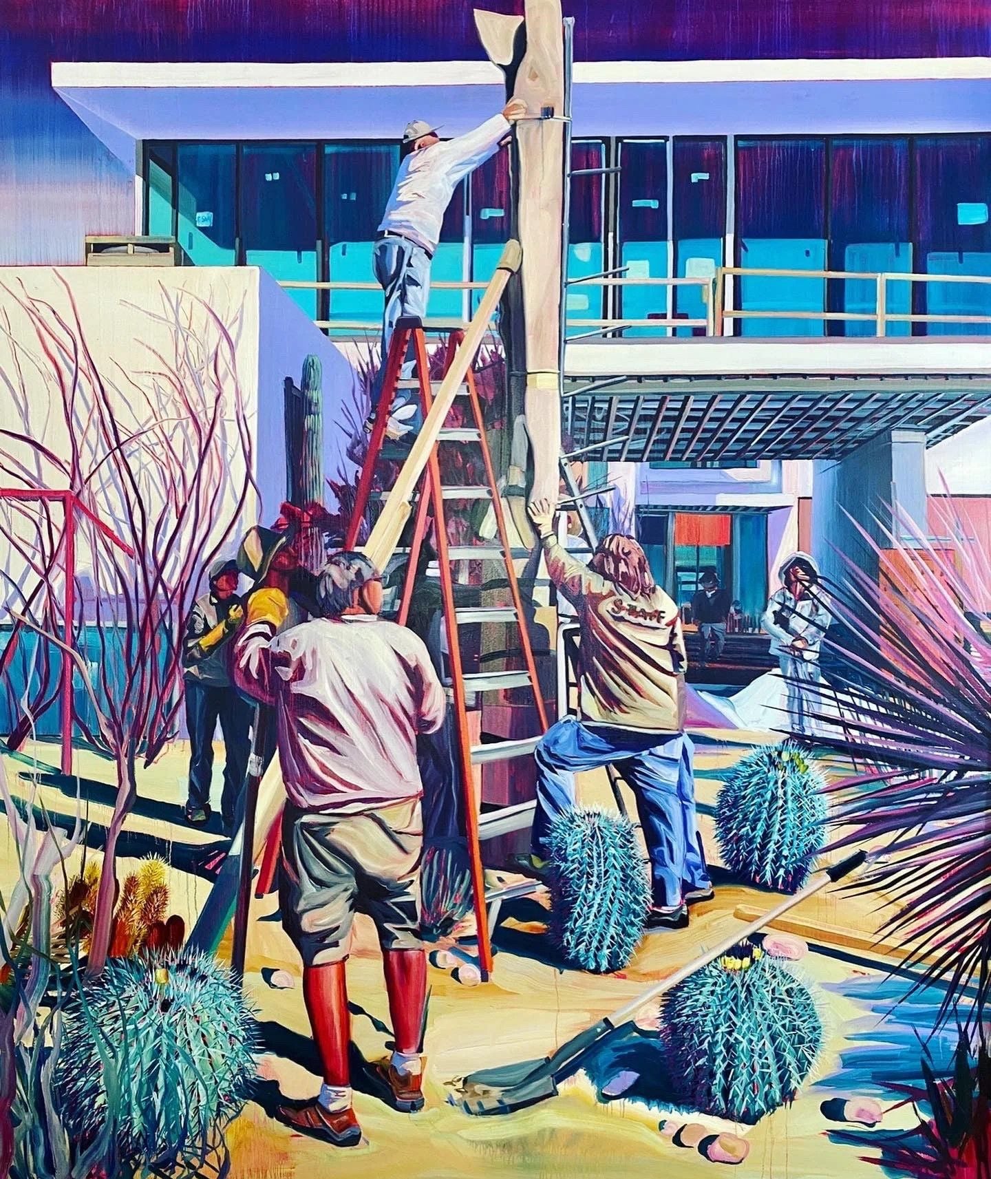 Painting of workers climbing a ladder to service a luxury home, as featured in Rex Southwick's ongoing 