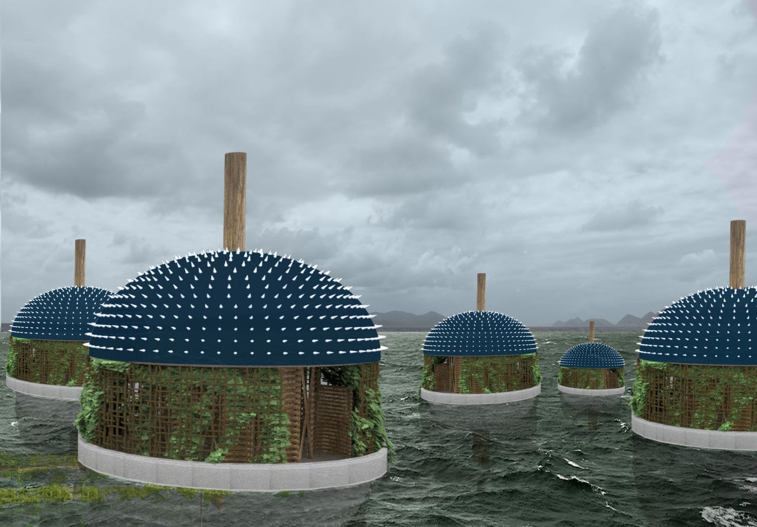 Puffer Village homes float up to the surface during times of high tide.