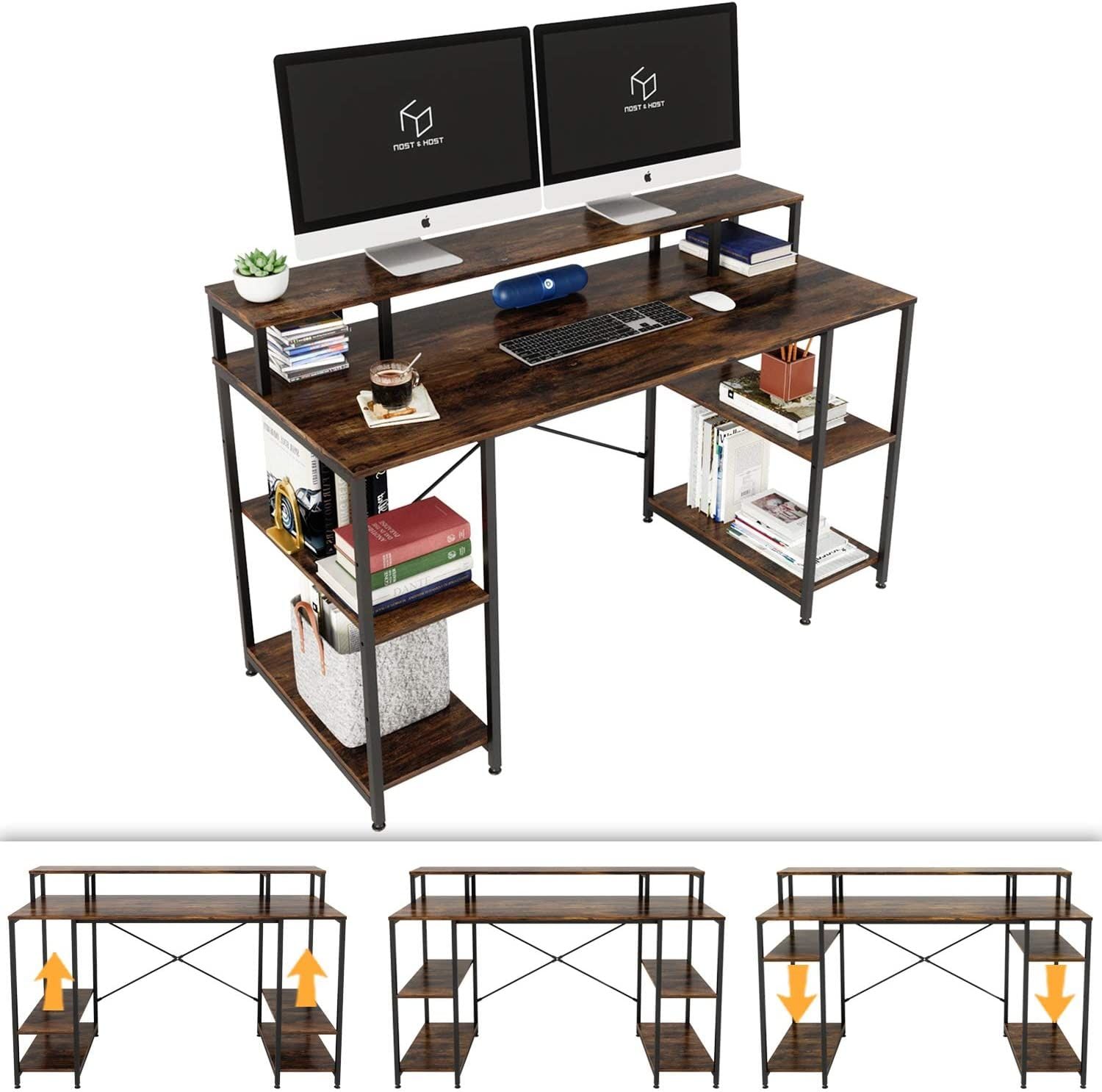 Computer Desk With Ergonomic Monitor Shelf and Storage