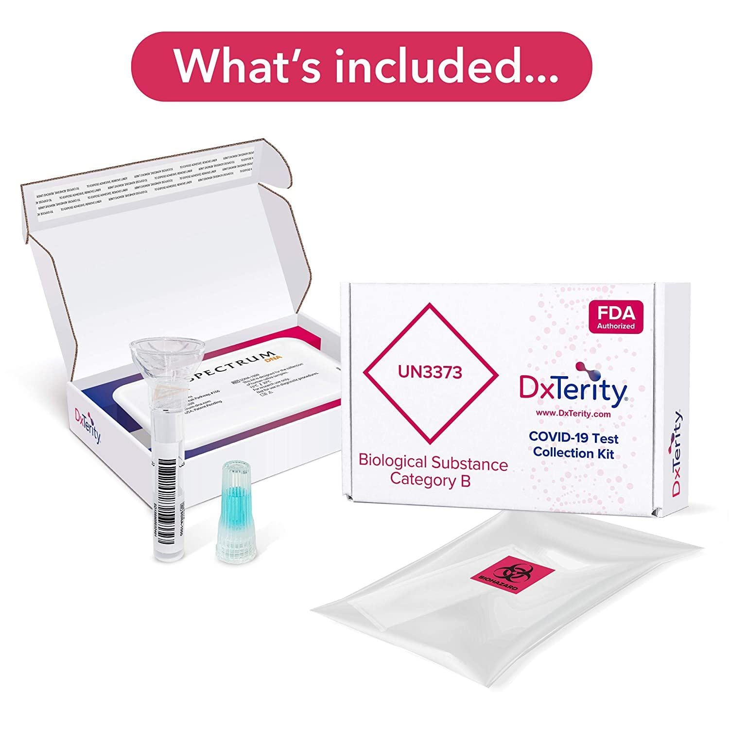 Everything included in DxTerity Diagnostics' COVID-19 test (available online through Amazon).