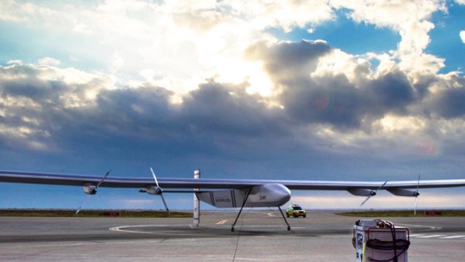 Front view of the U.S. Navy's Skydweller solar aircraft on the ground.