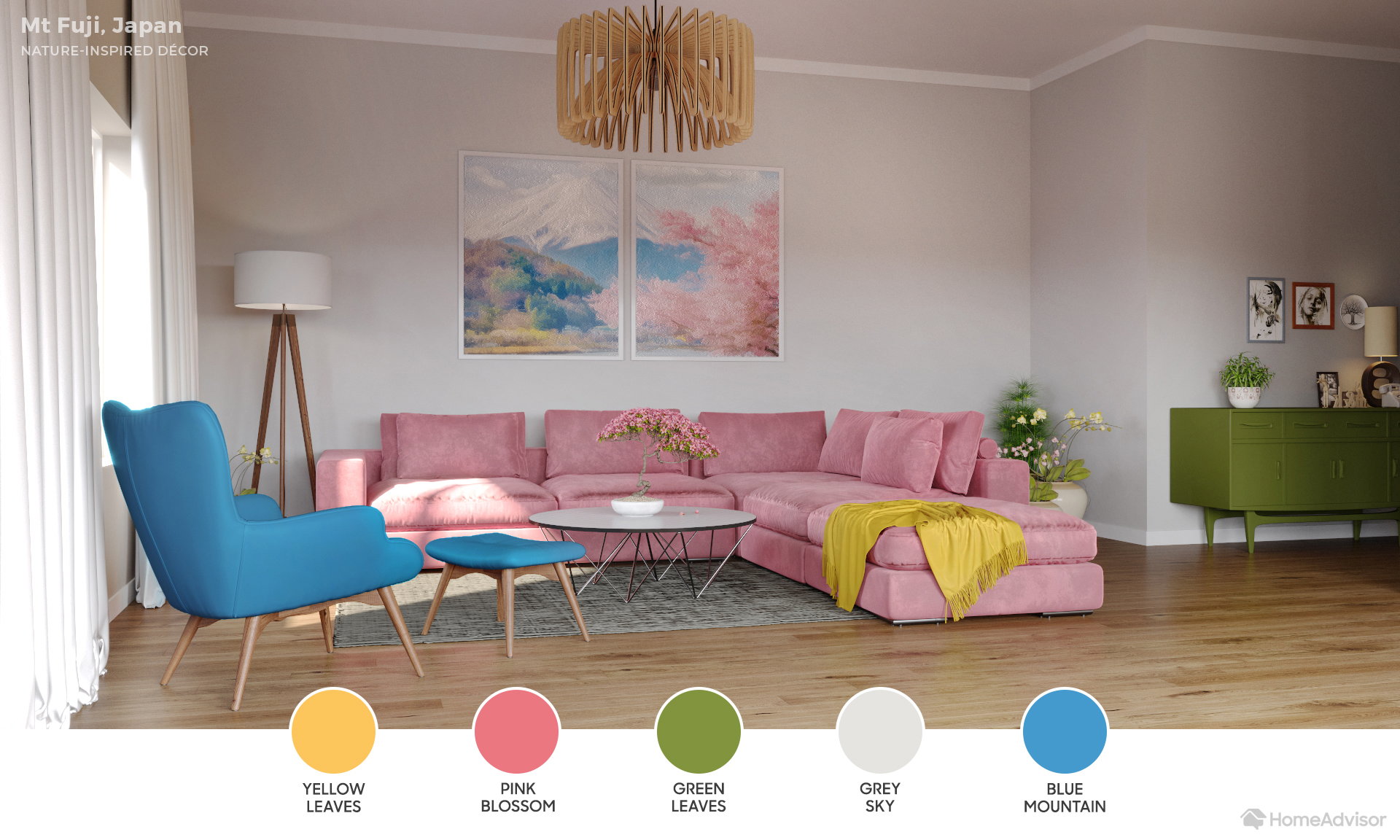 This Mount Fuji-inspired color palette plays on the delicate pinks, blues, and greens of the Japanese countryside.