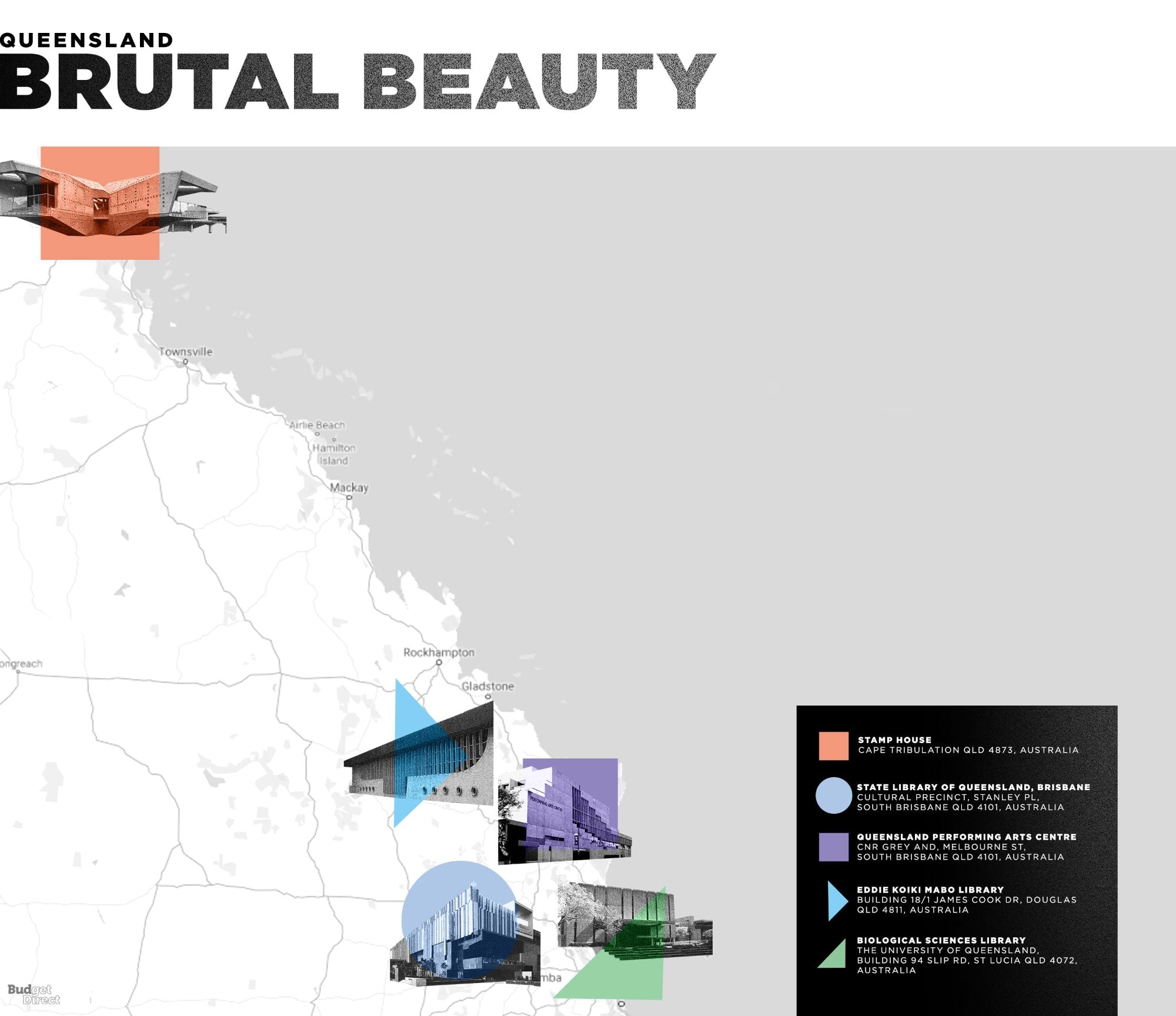 Map shows all the buildings from Australia's Queensland region featured in Budget Direct Travel Insurance's tribute to Aussie Brutalism.