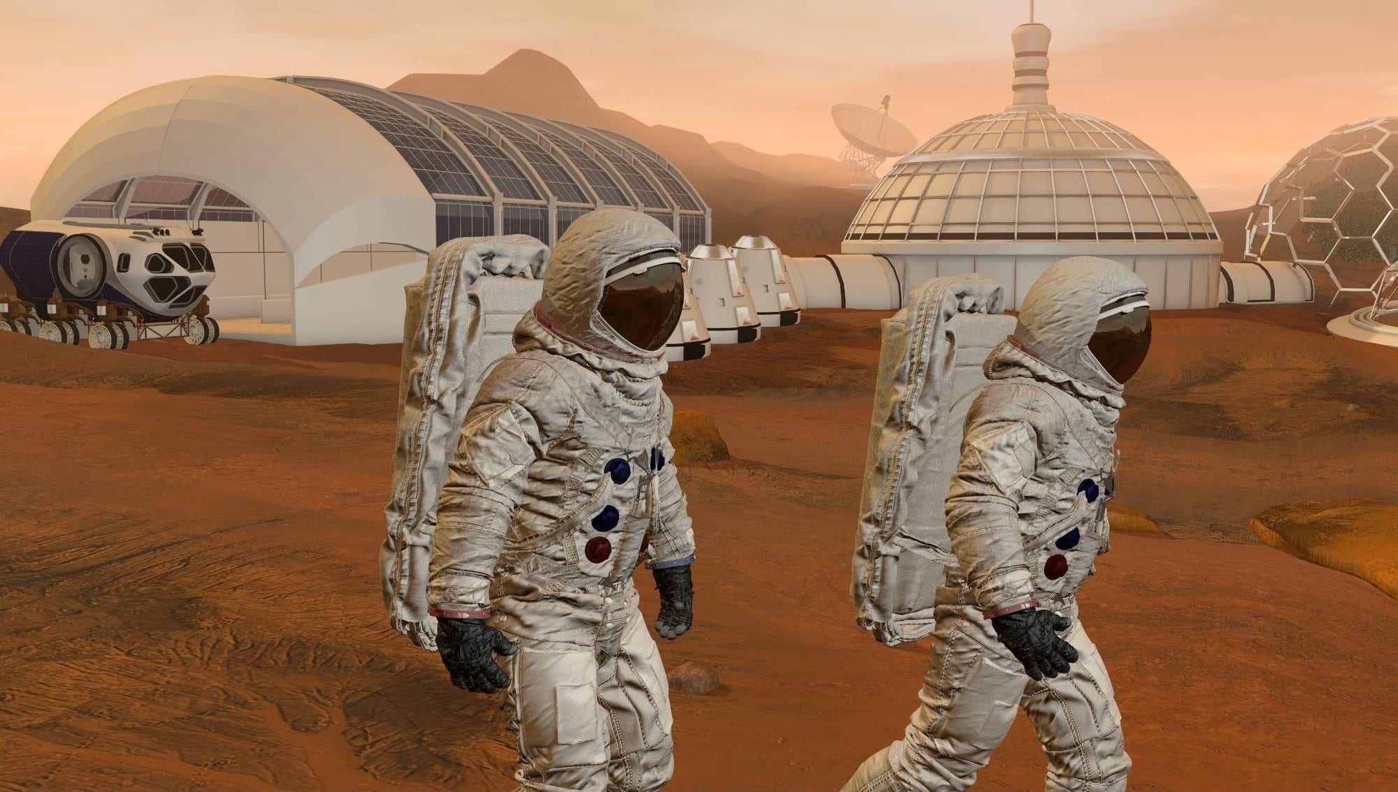 Computer rendering depicts astronauts walking through a futuristic Martian colony.