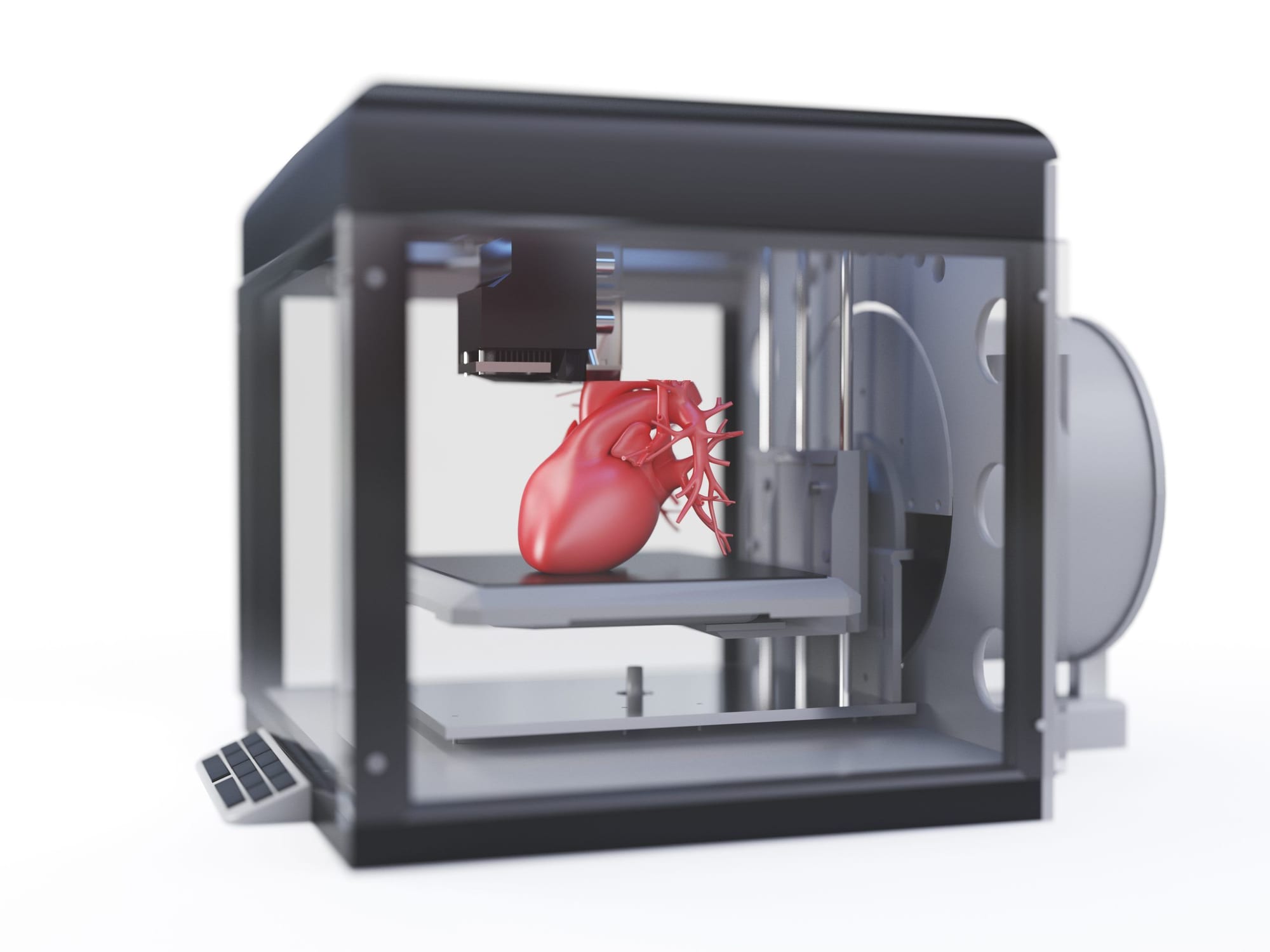 Graphic shows a human heart being created in a 4D printer. 