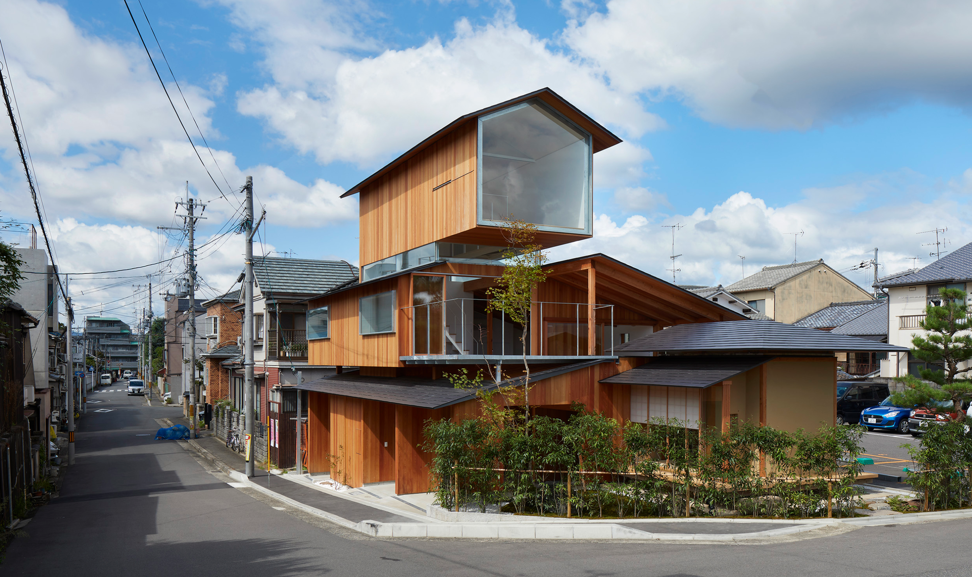 Cantilevered Wooden House Livens Up a Corner in Shimogamo, Japan