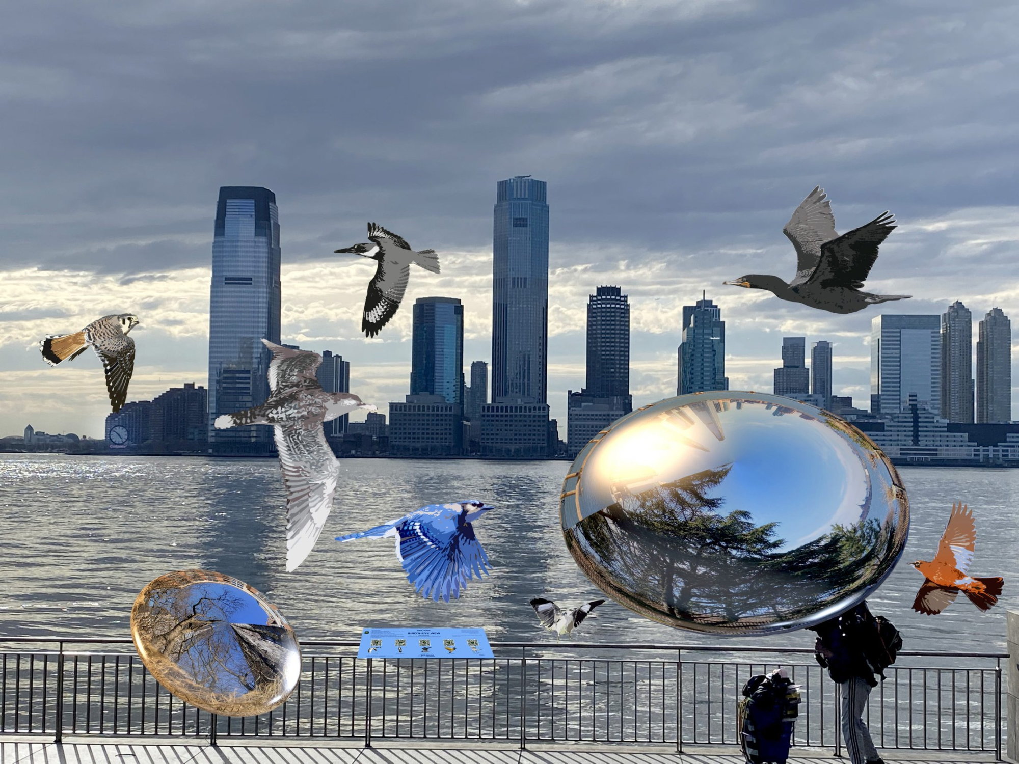 Several species of native NYC birds and abstract images float by as part of Battery Park City