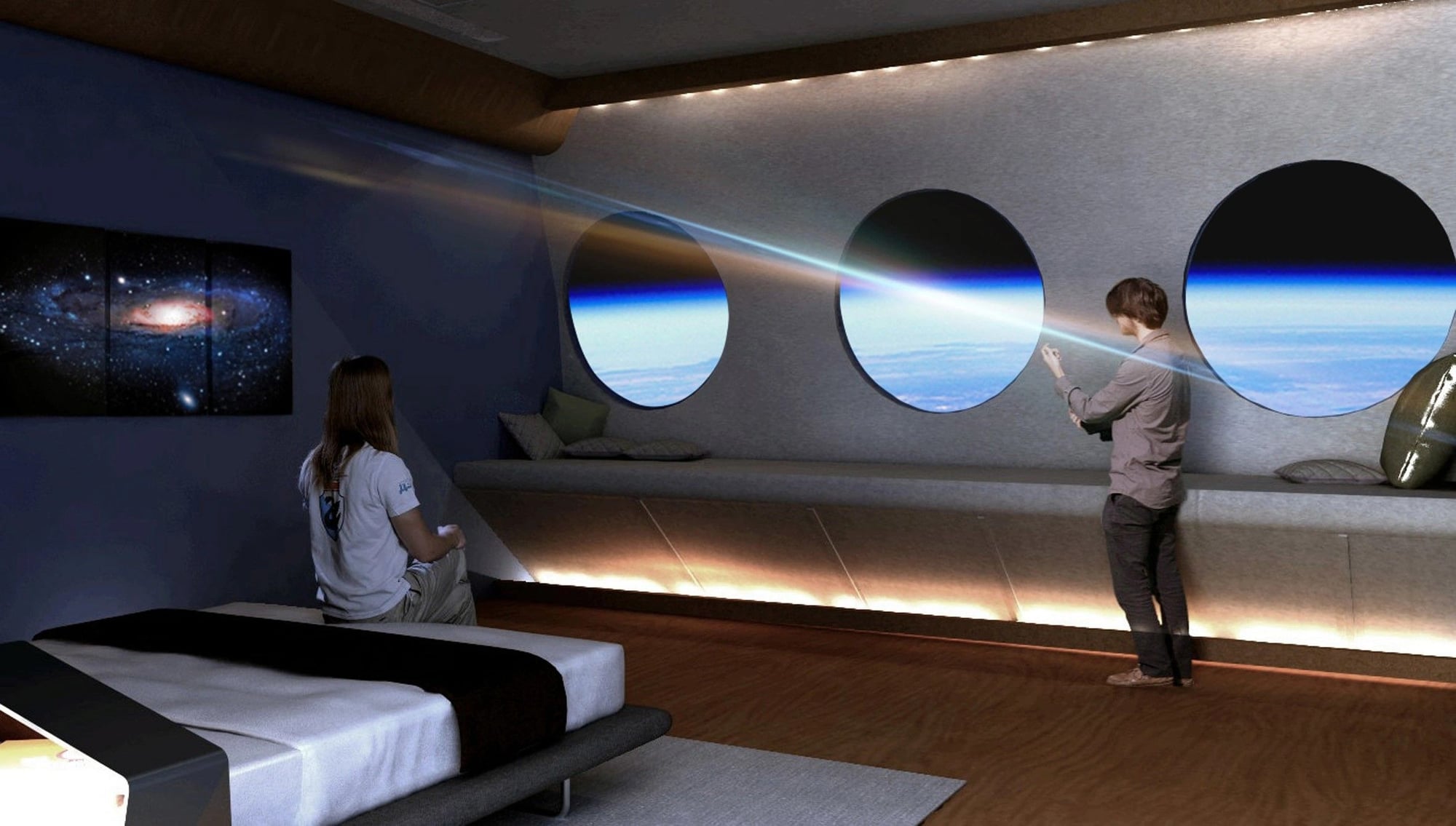 Luxurious bedroom in the Voyager station space hotel overlooking planet Earth.