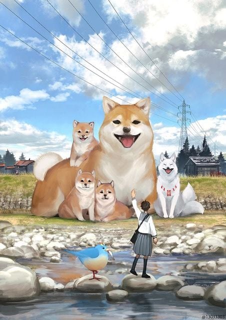 A digital painting by Monokubo depicting a normal-sized person waving at a group of giant dogs.