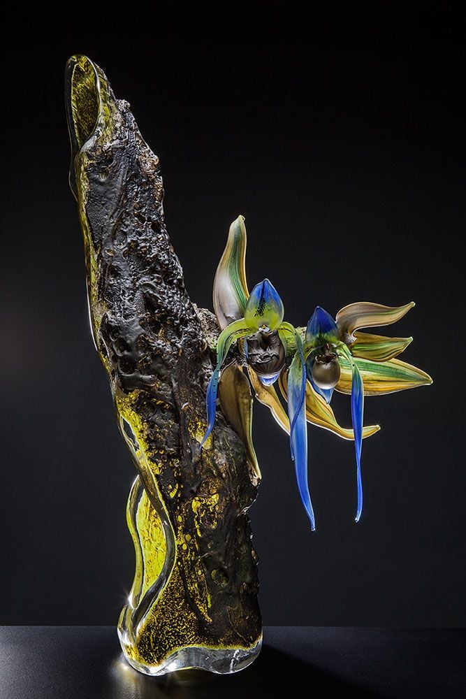 Blue Lady Slipper blown-glass orchids by artist Debra Moore.