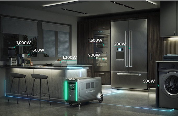 Superbase V plug-and-play energy storage system single-handedly powers all the appliances in a contemporary kitchen setting.