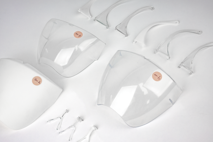 All the 3D-printed polycarbonate components that go into making the Blocc Face Shield. 