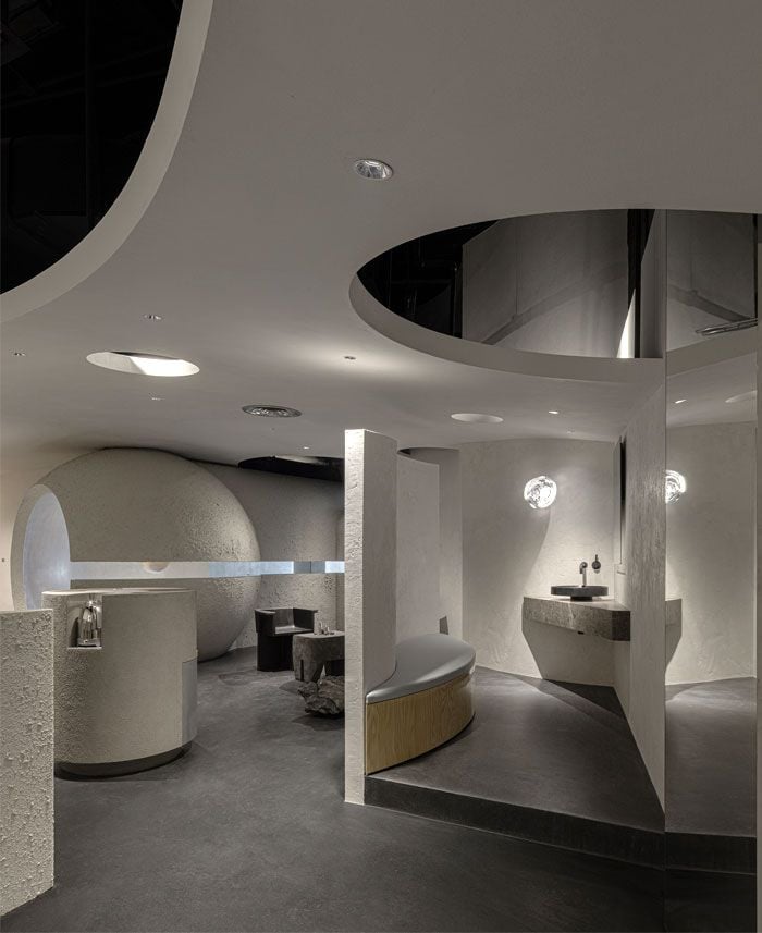 Ultramodern treatment areas inside the retro-futuristic Formoral Skin Center.