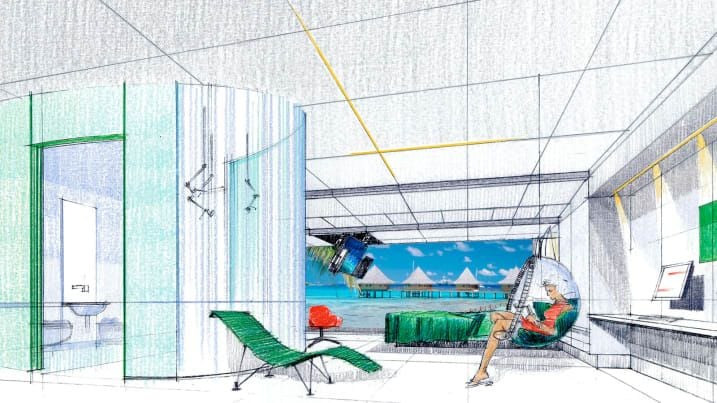 Early sketch of a futuristic guest room inside Dubai's luxurious Moon World Resorts.