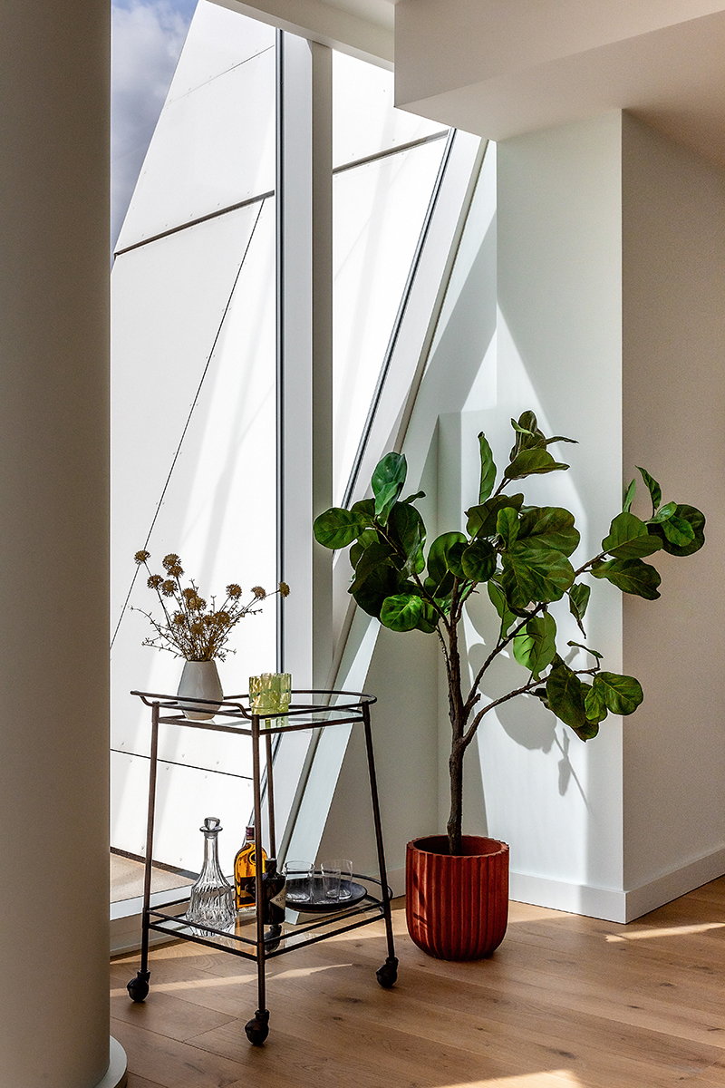 A small bar cart and houseplant sit near a window in a modern Prospect Place unit.