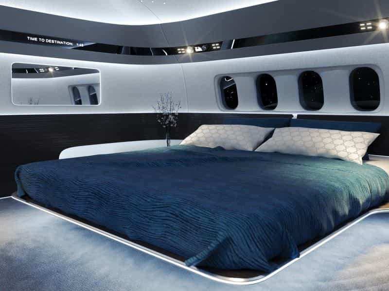 The bedroom of the BBJ Max features a plush king-size bed. 