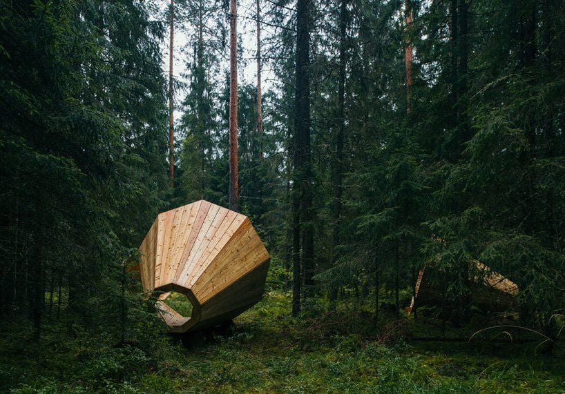 Rear view of the giant RUUP megaphones, nestled neatly between the firs of the Estonian forest.