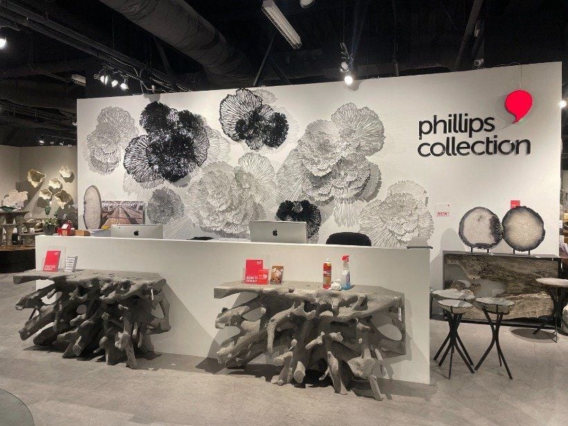 Sculptural cast root tables from the Phillips Collection on display at Las Vegas Market.