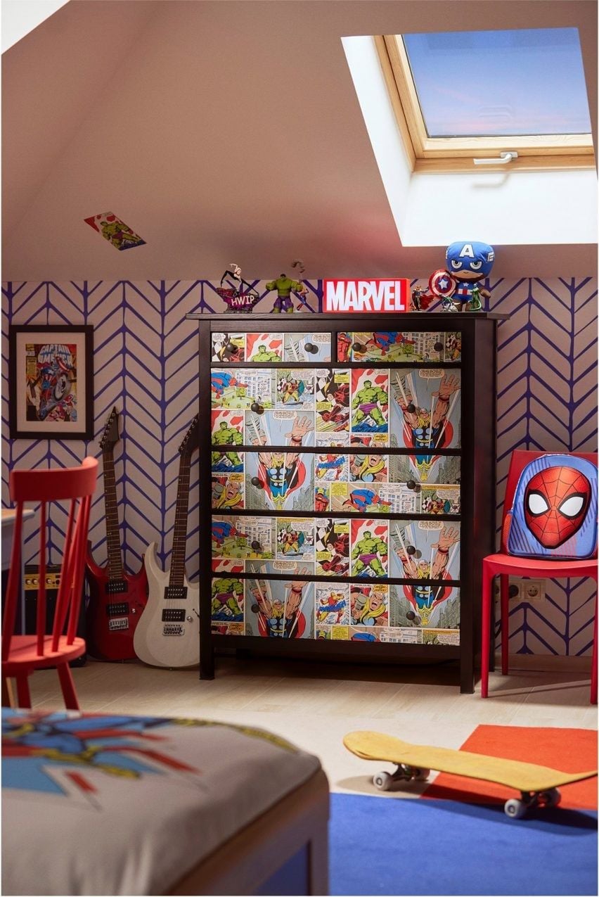 Superhero-themed dresser from the new Disney Home collection is covered in Marvel icons.