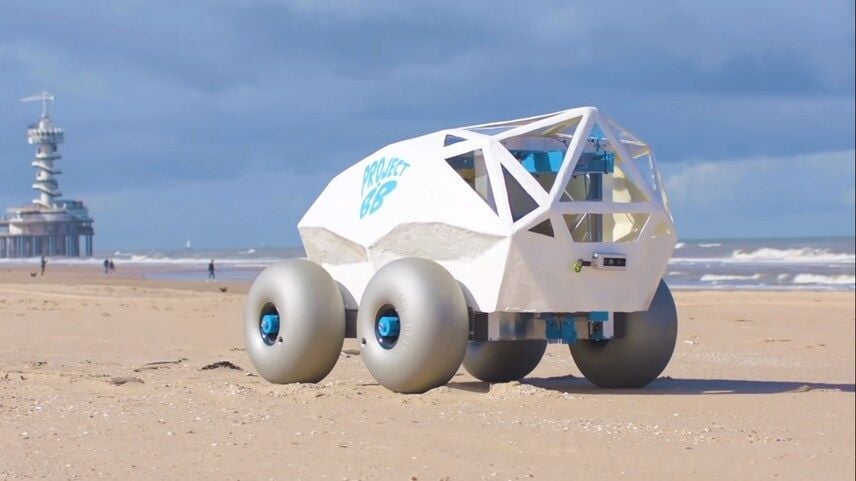 The BeachBot beach-cleaning rover picks up discarded cigarette butts as it makes its way along the shore.