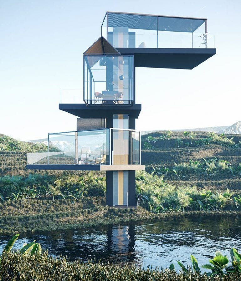 Adriano Design's Vertical Glass House concept would grace the rice paddies of Xianggong, China.