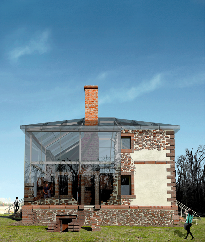 Back view of the uniquely preserved historic-meets-modern Menokin Glass House.