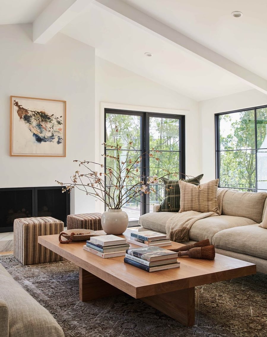 Simple but relaxed-feeling living space decorated in the popular California Cool style.