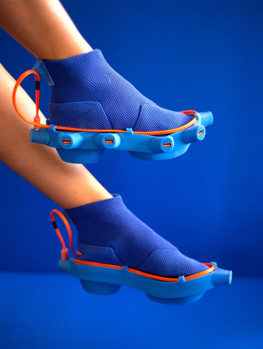 These electric blue shoes featured in Netha Goldberg's NETINA collection boast multiple USB ports for easy on-the-go charging.  