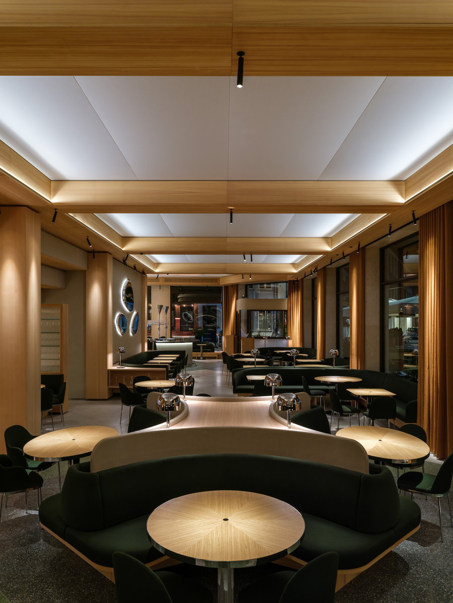 Dimly-lit contemporary dining space inside Copenhagen's Restaurant Levi.