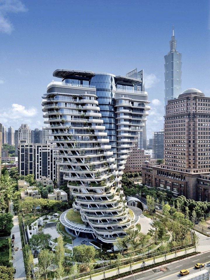 The twisting Vincent Callebaut-designed Agora Garden Tower in Taipei, Taiwan. 