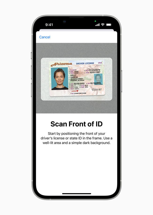 Instruction screen prompts Apple user to scan the front of their driver's license. 